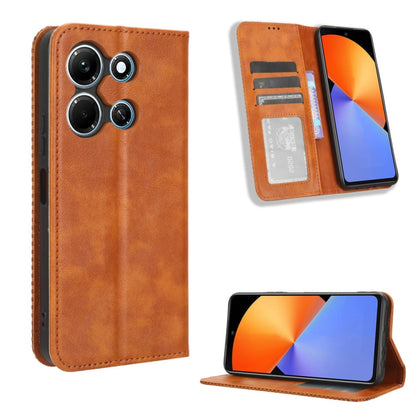 Brown leather magnetic buckle phone case with card slots and stand, retro texture