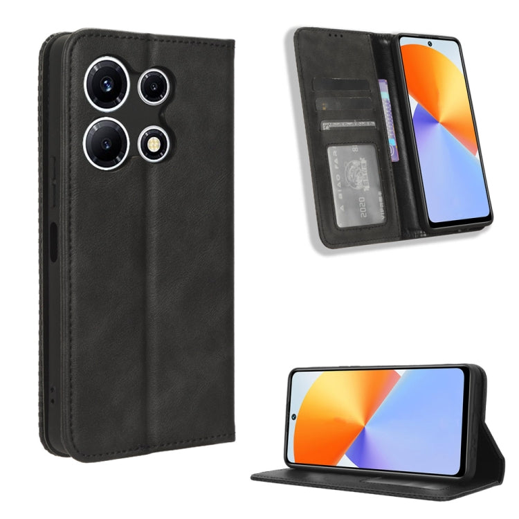 Black leather magnetic buckle phone case with card slots and stand, retro texture