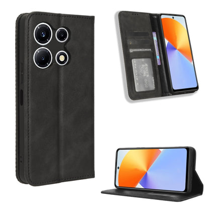 Black leather magnetic buckle phone case with card slots and stand, retro texture