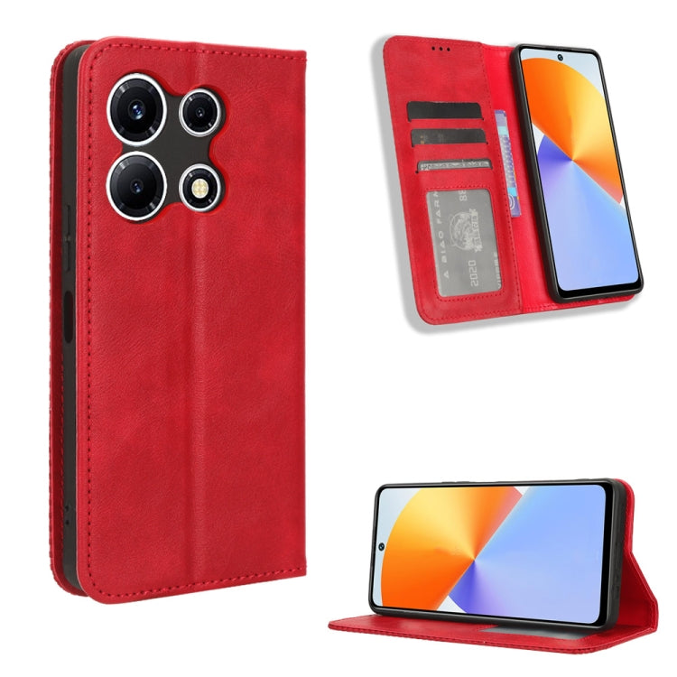 Red retro leather phone case with magnetic buckle and card slot, foldable wallet style