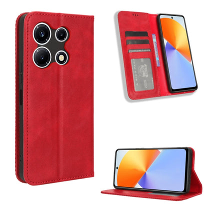 Red retro leather phone case with magnetic buckle and card slot, foldable wallet style