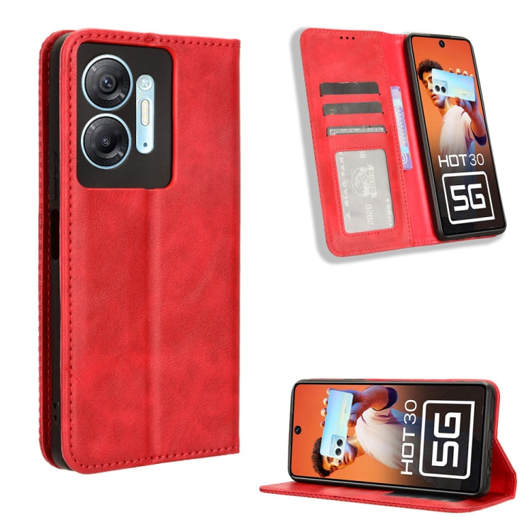 Red magnetic buckle leather phone case with card slot and kickstand
