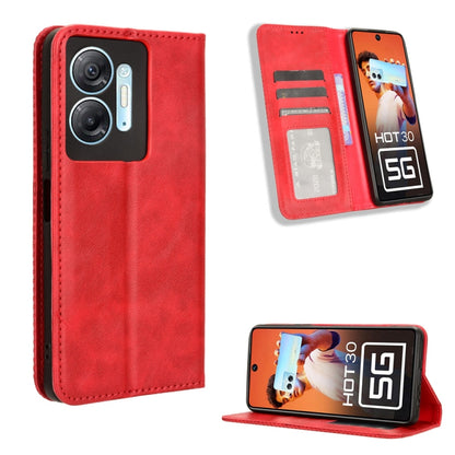 Red magnetic buckle leather phone case with card slot and kickstand