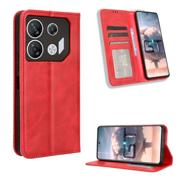 Red magnetic buckle leather phone case, retro folio wallet with stand