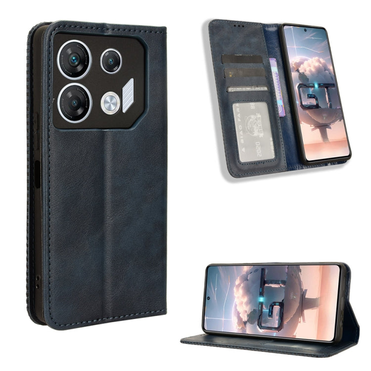 Navy magnetic buckle leather phone case, retro folio wallet with stand