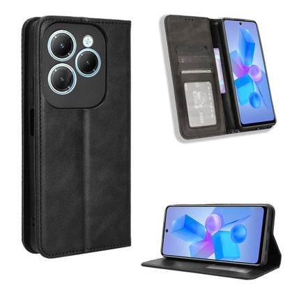 Black leather flip phone case with magnetic buckle, card slots, and stand