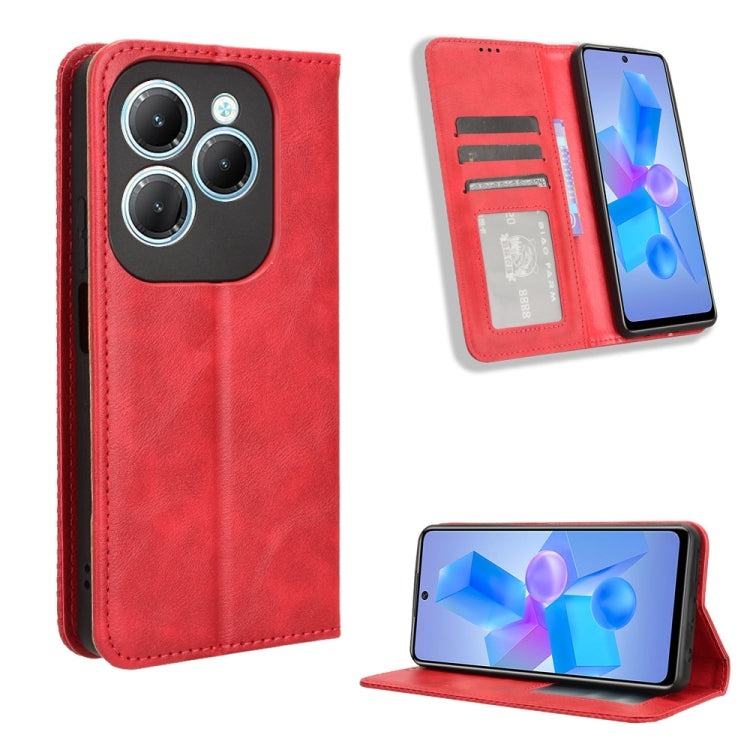 Red leather flip phone case with magnetic buckle, card slots, and stand