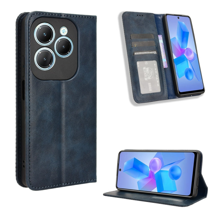 Dark blue leather flip phone case with magnetic buckle, card slots, and stand