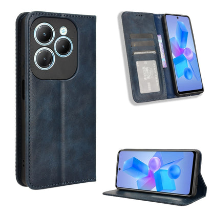 Dark blue leather flip phone case with magnetic buckle, card slots, and stand