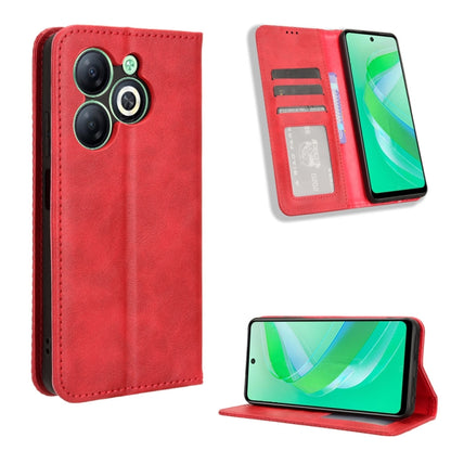 Red magnetic buckle retro-texture leather phone case with card slot and stand