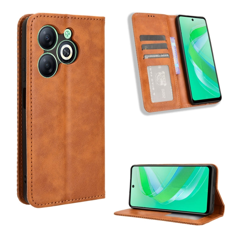 Cognac brown magnetic buckle retro-texture leather phone case with card slot and stand