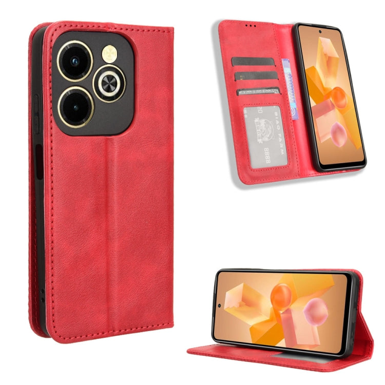 Red magnetic buckle retro-texture leather phone case with card slot and stand