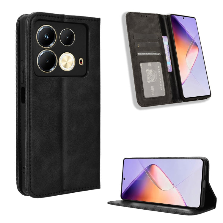 Black leather phone case with magnetic buckle, card slots, and flip-stand view