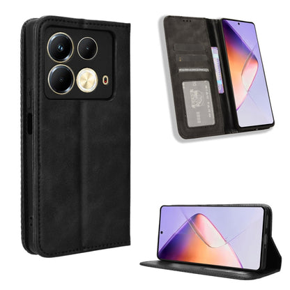 Black leather phone case with magnetic buckle, card slots, and flip-stand view