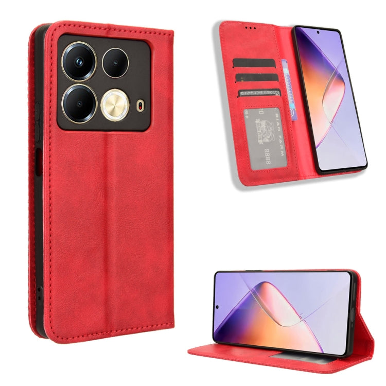 Red leather flip phone case with magnetic buckle, card slots, and stand