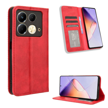 Red leather flip phone case with magnetic buckle, card slots, and stand