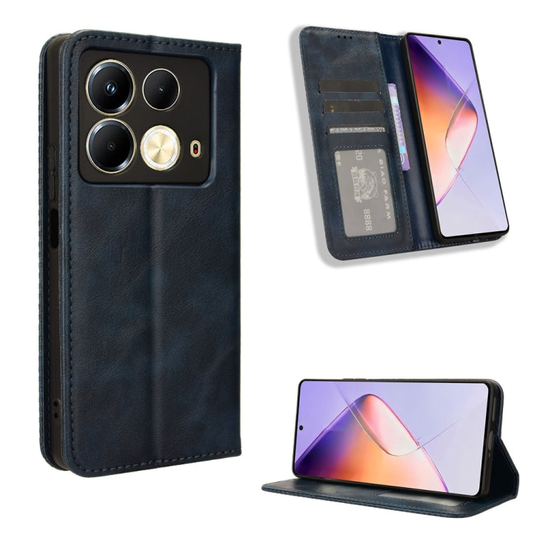 Dark blue leather flip phone case with magnetic buckle, card slots, and stand