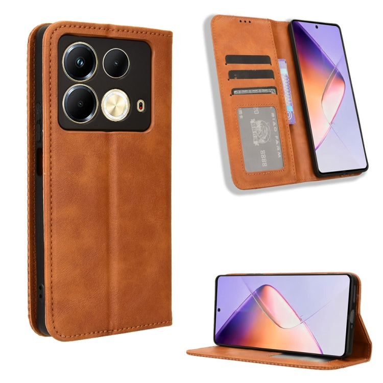 Brown leather flip phone case with magnetic buckle, card slots, and stand