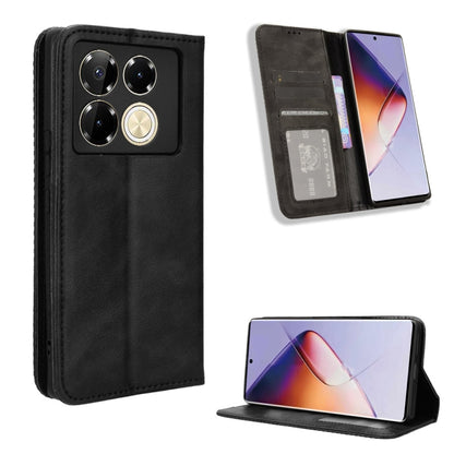 Magnetic buckle leather phone case with card slots, black retro texture.