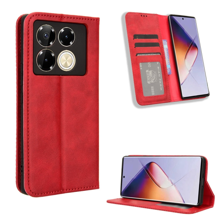 Magnetic buckle leather phone case with card slots, red retro texture.