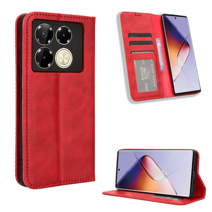 Red leather phone case with magnetic buckle, card slots, and flip-stand view