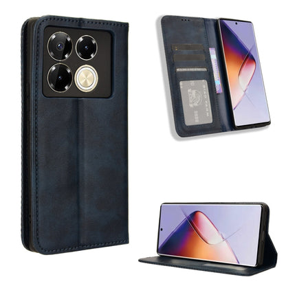 Dark blue leather phone case with magnetic buckle, card slots, and flip-stand view