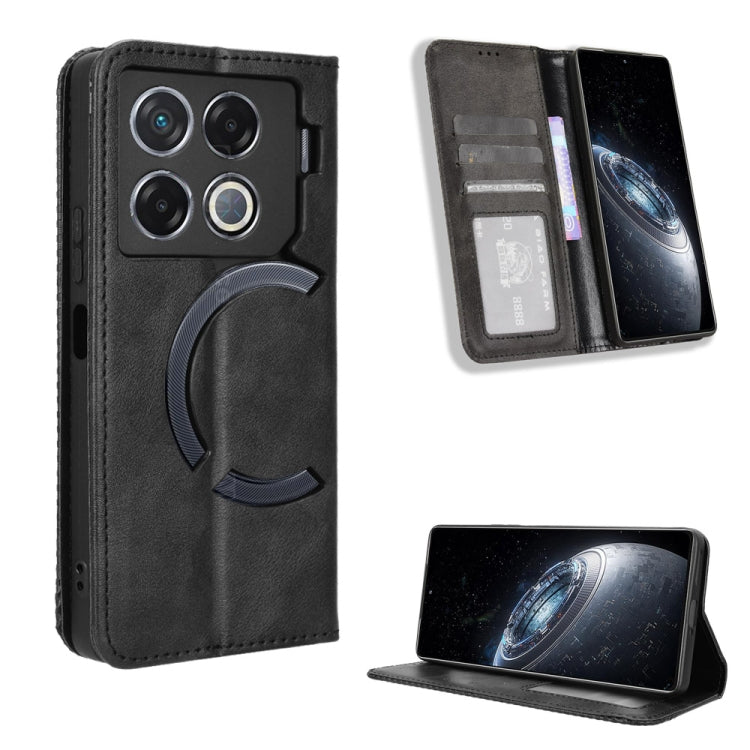 Magnetic buckle leather phone case with card slots, black retro texture.