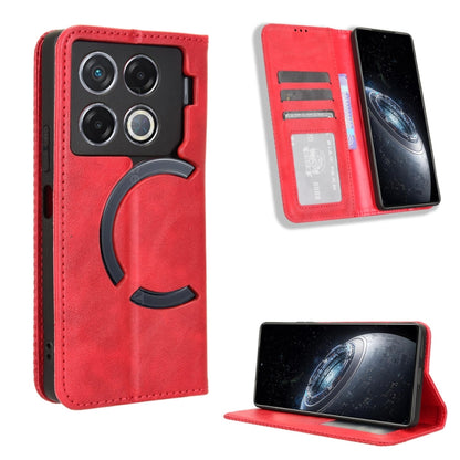 Magnetic buckle leather phone case with card slots, red retro texture.