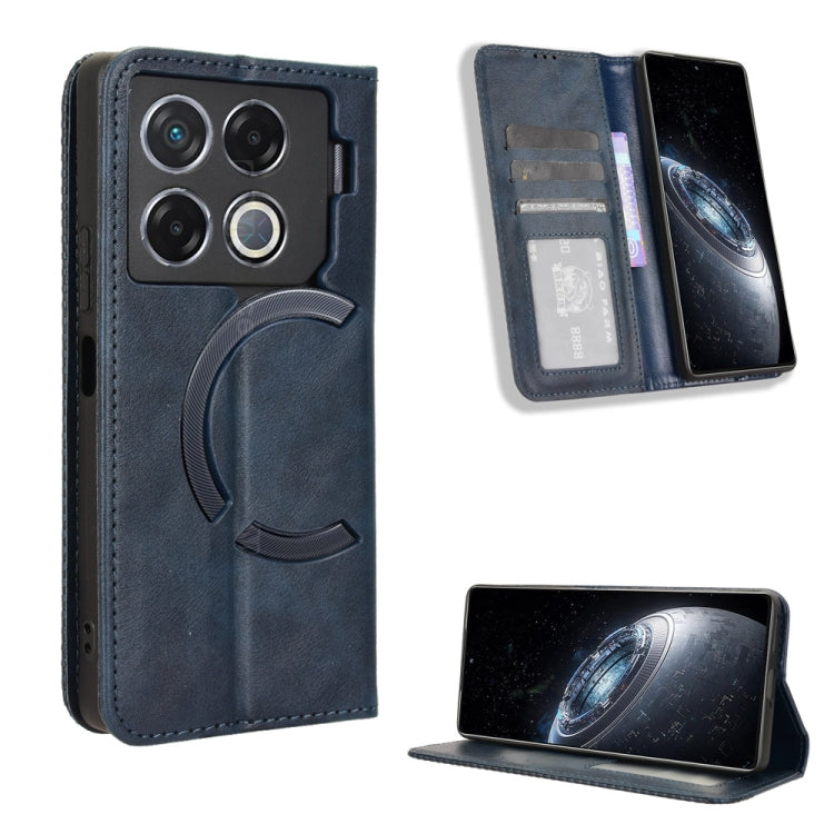 Magnetic buckle leather phone case with card slots, navy retro texture.