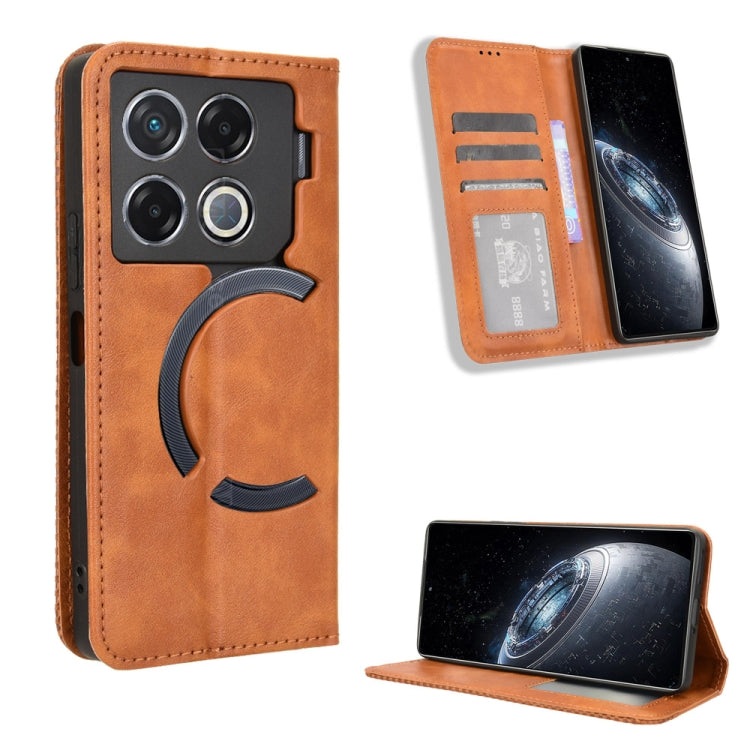 Magnetic buckle leather phone case with card slots, tan retro texture.