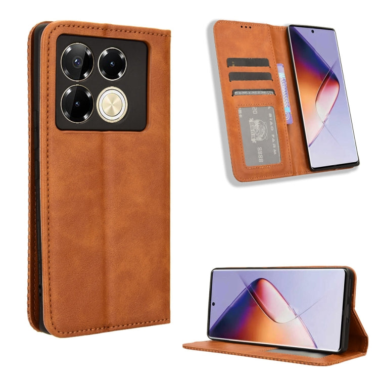 Magnetic buckle leather phone case with card slots, brown retro texture.