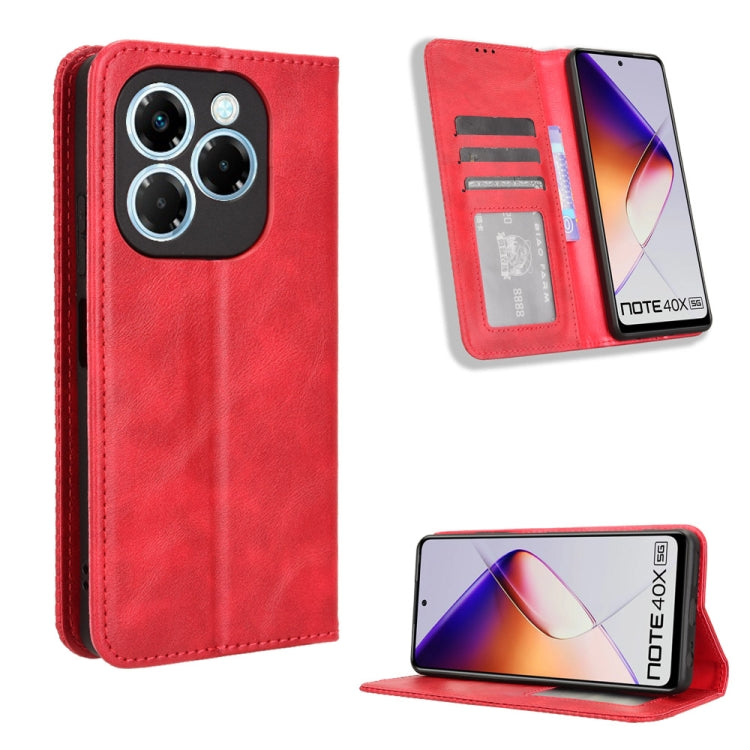 Red retro-texture magnetic buckle leather phone case with flip wallet and kickstand