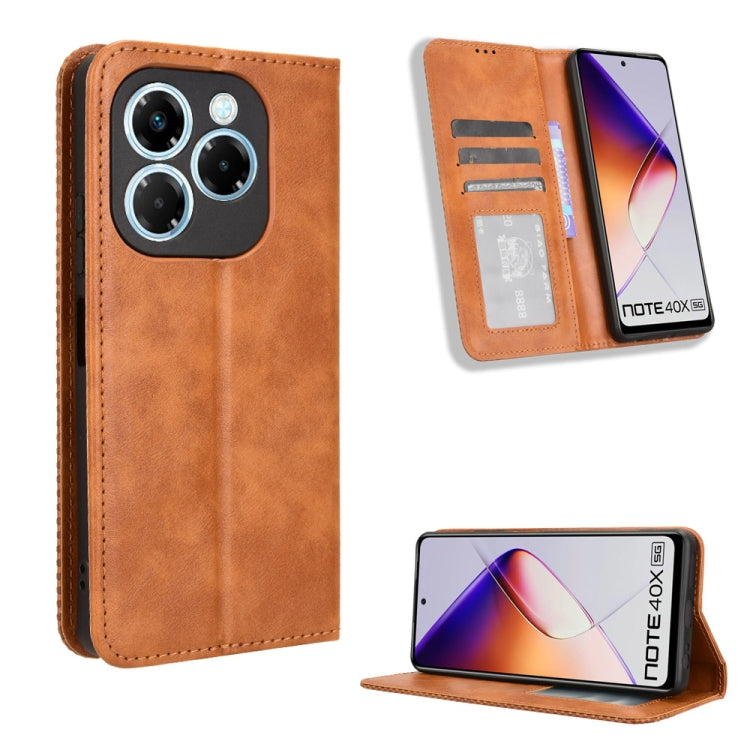 Brown retro-texture magnetic buckle leather phone case with flip wallet and kickstand