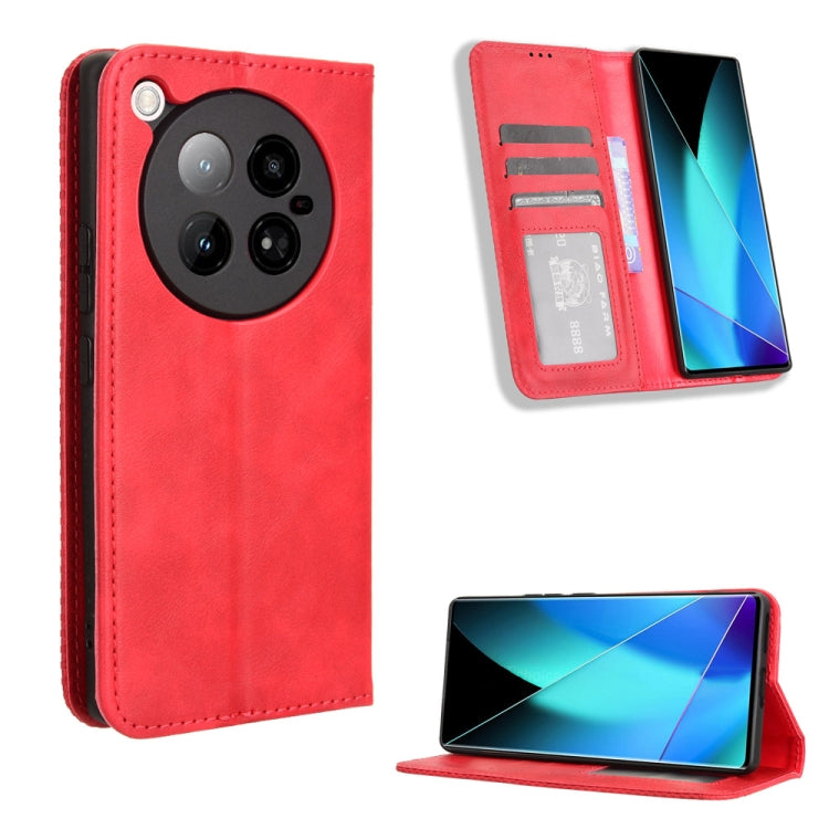 Red retro-texture magnetic buckle leather phone case with flip wallet and card slots