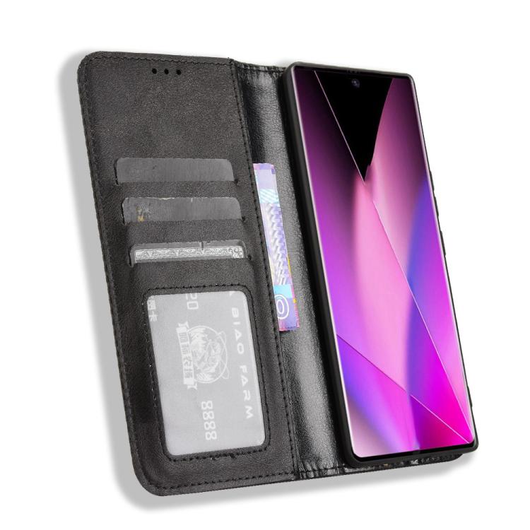 Black retro texture leather phone case with magnetic wallet flap and card slots