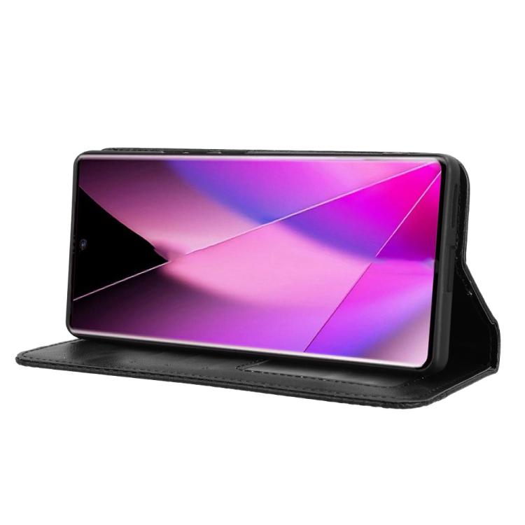 Black retro texture leather phone case in stand position for viewing the screen