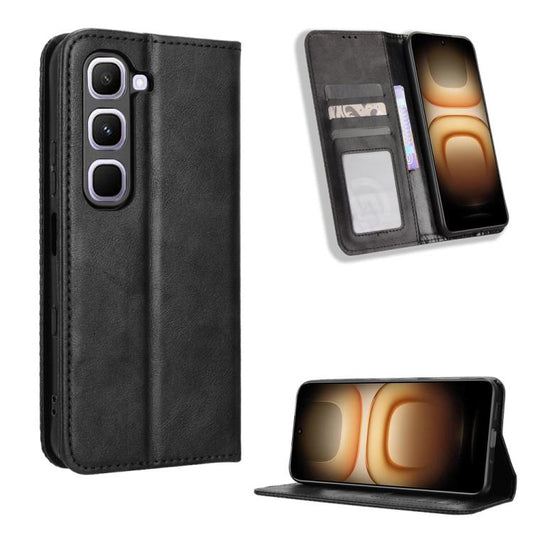 Black magnetic buckle leather phone case with card slot and stand view window cutouts
