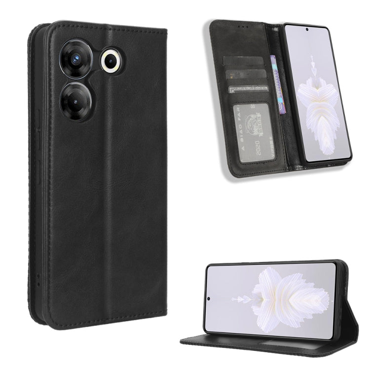 Black retro leather phone case with magnetic buckle, card slots, and kickstand