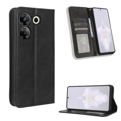 Black retro leather phone case with magnetic buckle, card slots, and kickstand