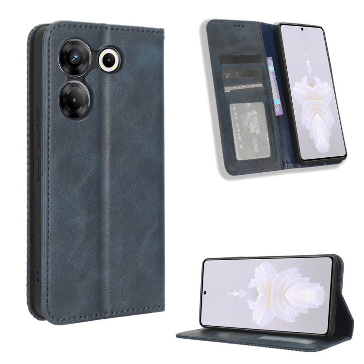 Blue-gray retro leather phone case with magnetic buckle, card slots, and kickstand