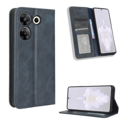 Blue-gray retro leather phone case with magnetic buckle, card slots, and kickstand