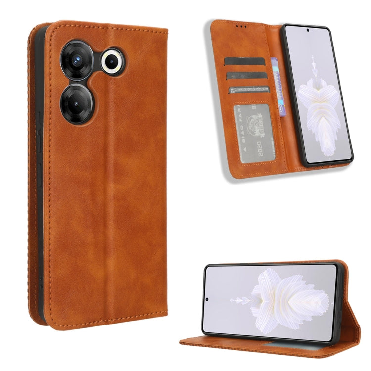 Brown retro leather phone case with magnetic buckle, card slots, and kickstand