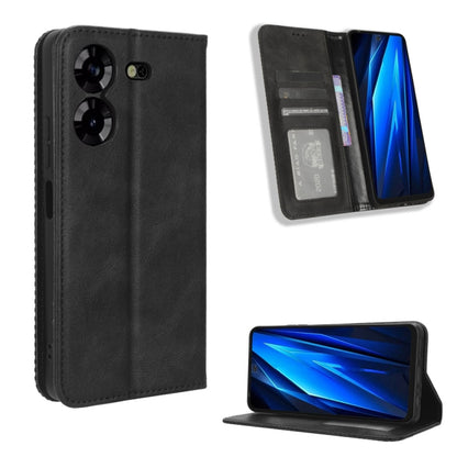 Magnetic buckle folio phone case in black leather texture with viewing stand