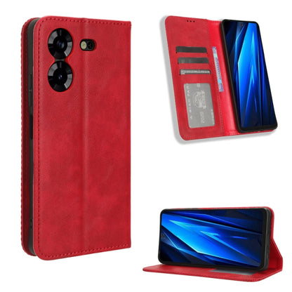 Magnetic buckle folio phone case in red leather texture, card holder and kickstand