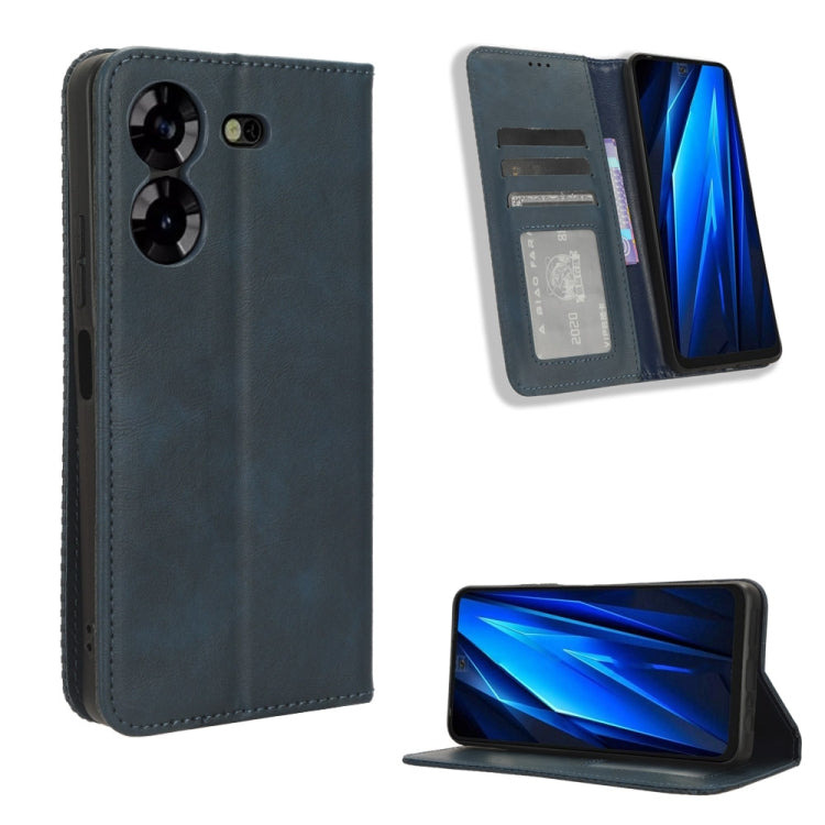 Magnetic buckle folio phone case in slate blue leather texture, card slots and stand