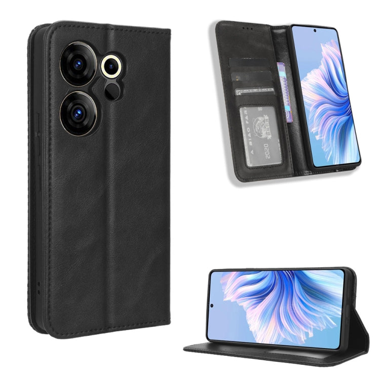 Magnetic buckle folio phone case in black leather texture, card slots and viewing stand