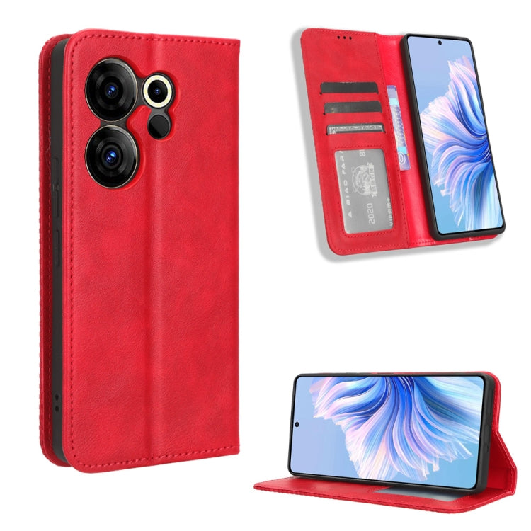 Red retro leather phone case with magnetic buckle, card slots, and kickstand