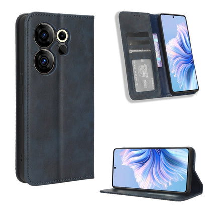 Dark gray retro leather phone case with magnetic buckle, card slots, and kickstand