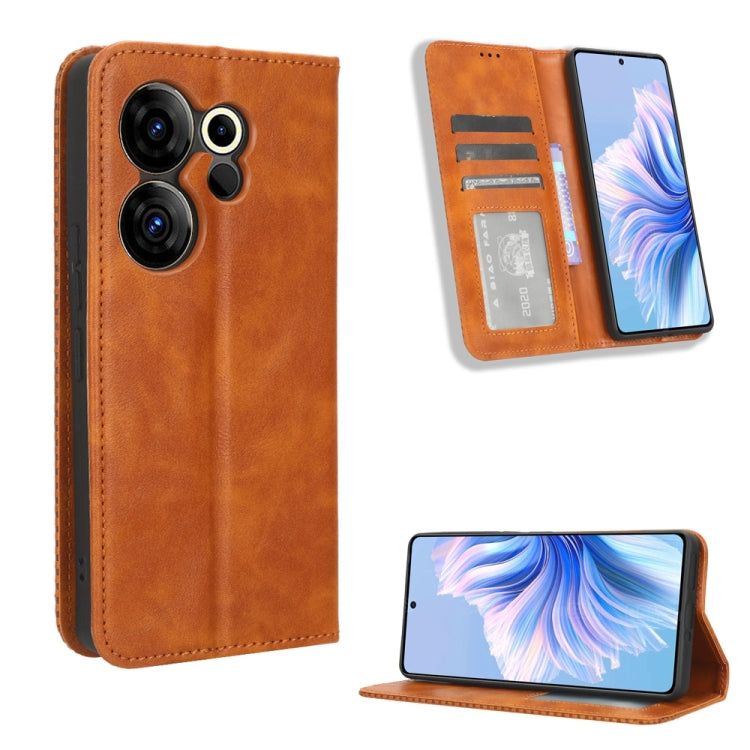 Tan/brown retro leather phone case with magnetic buckle, card slots, and kickstand