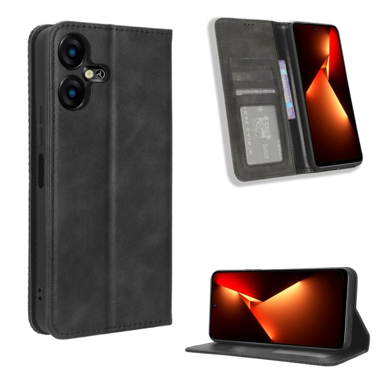 Magnetic buckle folio phone case in black leather texture, card slots and kickstand
